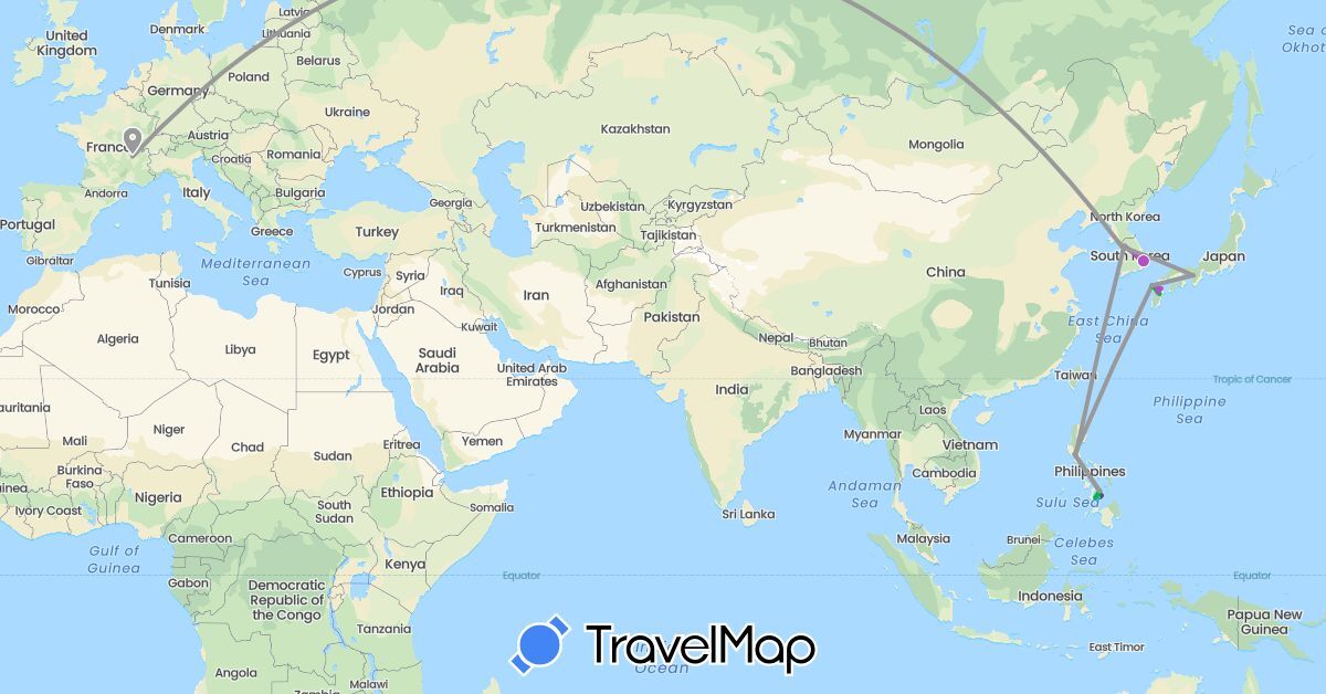 TravelMap itinerary: driving, bus, plane, train, boat, motorbike in France, Japan, South Korea, Philippines (Asia, Europe)